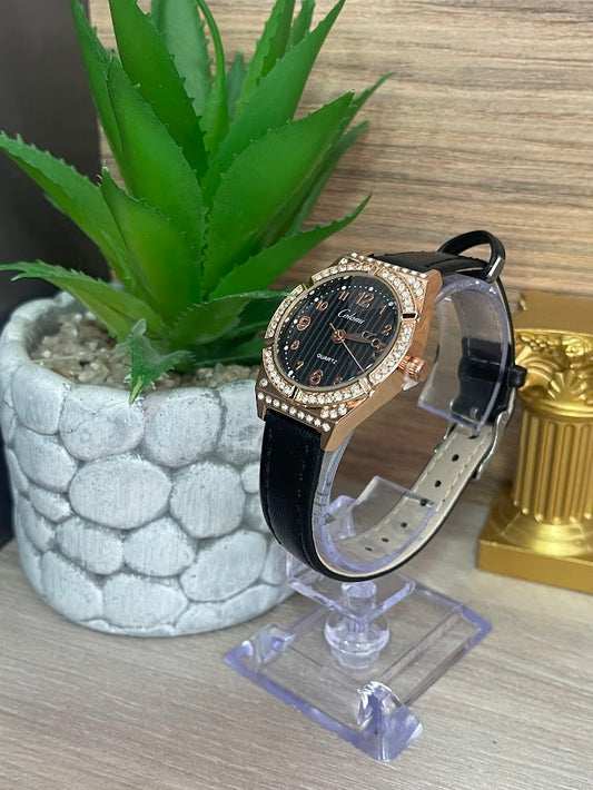 RELOJ DAMA COLOMI NEGRO MANILLA DE CUERO FONDO NEGRO CON DETALLES EN PIEDRA
