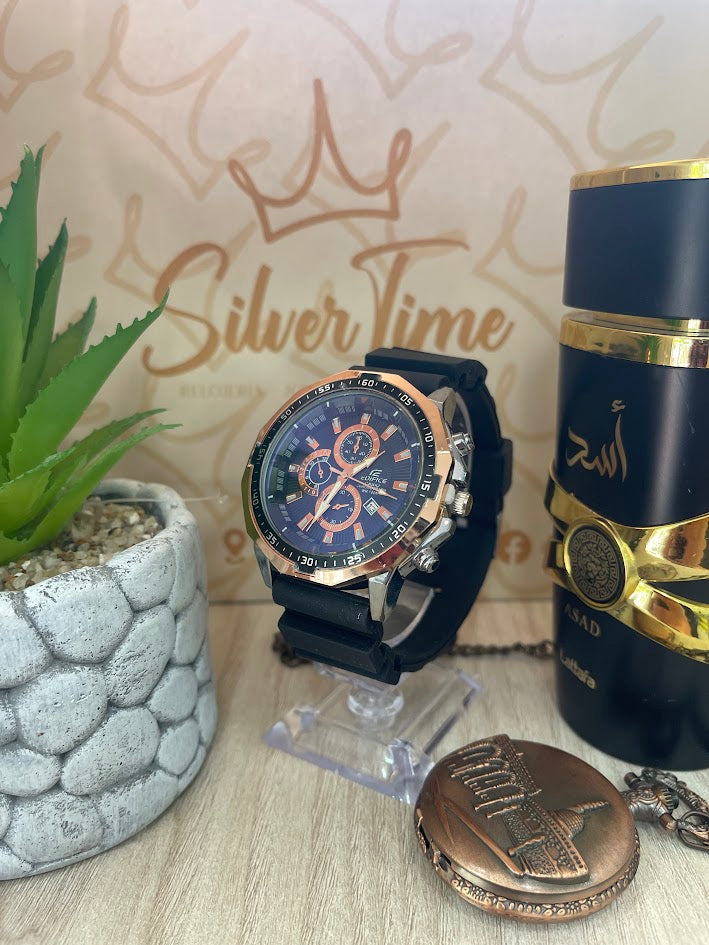 RELOJ CASIO NEGRO MANILLA DE SILICONA ARO ORO ROSA