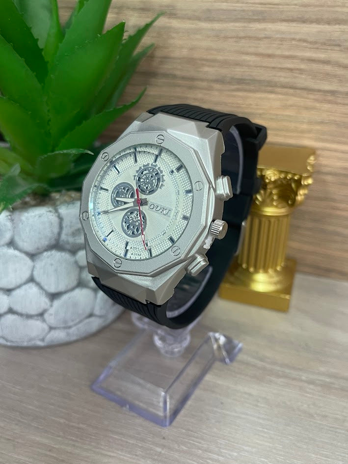 RELOJ OUKI CABALLERO PLATEADO MANILLA DE SILICONA