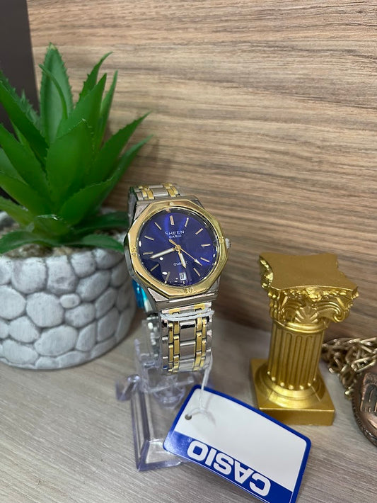 RELOJ CASIO SHEEN DAMA BICOLOR FONDO AZUL CON CALENDARIO