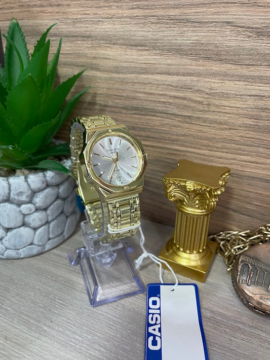 RELOJ CASIO SHEEN DAMA DORADO FONDO PLATEADO CON CALENDARIO