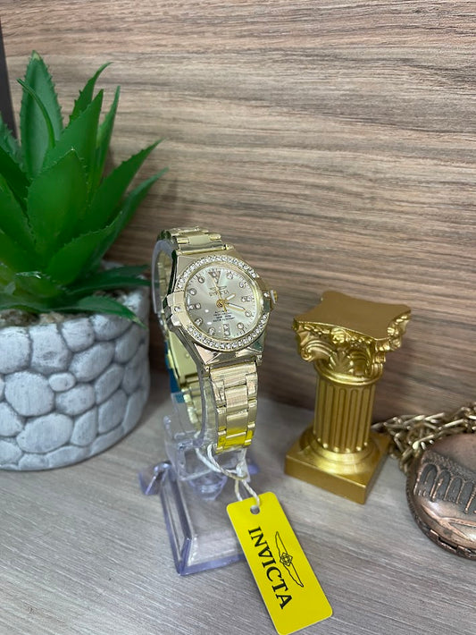 RELOJ INVICTA DAMA DORADO FONDO DORADO DETALLES EN PIEDRA
