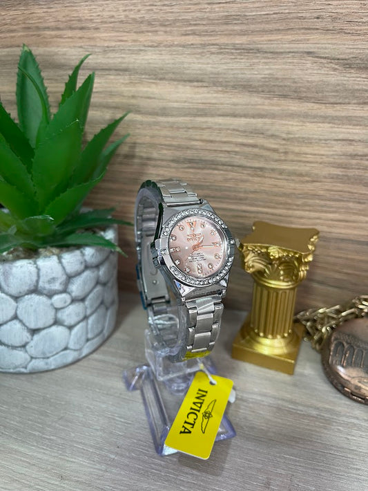 RELOJ INVICTA DAMA PLATEADO FONDO ORO ROSA CON DETALLES EN PIEDRA