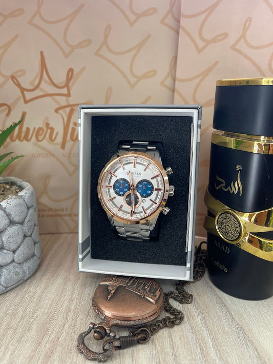 RELOJ CABALLERO CURREN PLATEADO ESFERA PLATEADA DETALLE ORO ROSA