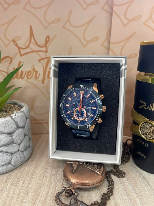 RELOJ CABALLERO CURREN AZUL CAJA ORO ROSA