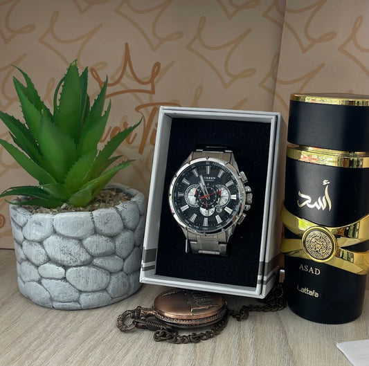 RELOJ CABALLERO CURREN PLATEADO FONDO NEGROARO CON DETALLES