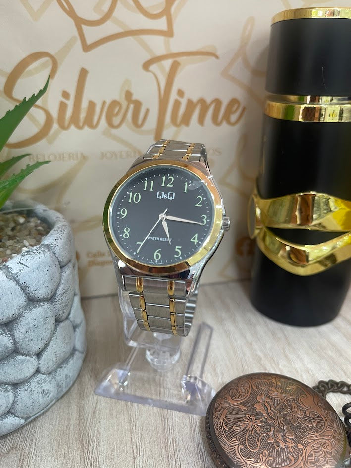 RELOJ HOMBRE QYQ BICOLOR ESFERA NEGRA ARO DORADO
