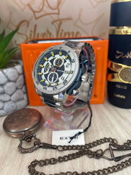 RELOJ HOMBRE EXTRI PLATEADO Y AZUL CON DETALLES AMARILLOS
