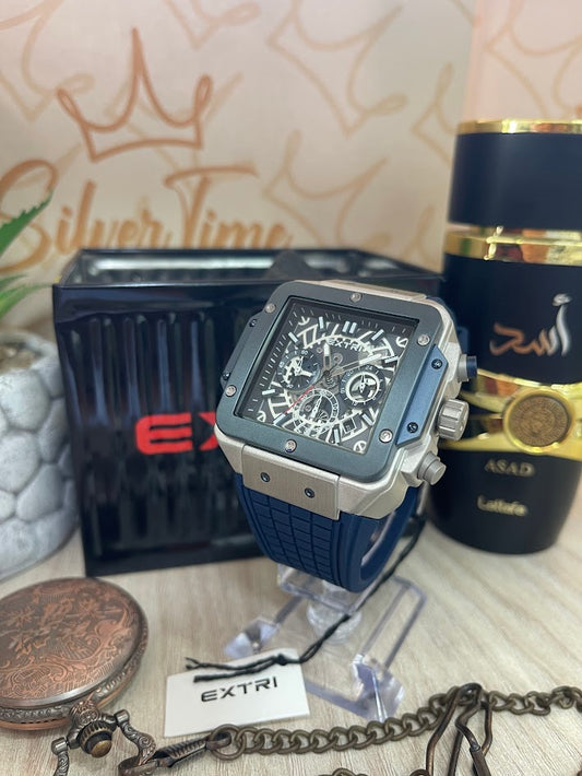 RELOJ HOMBRE EXTRI CUADRADO PLATEADO Y AZUL