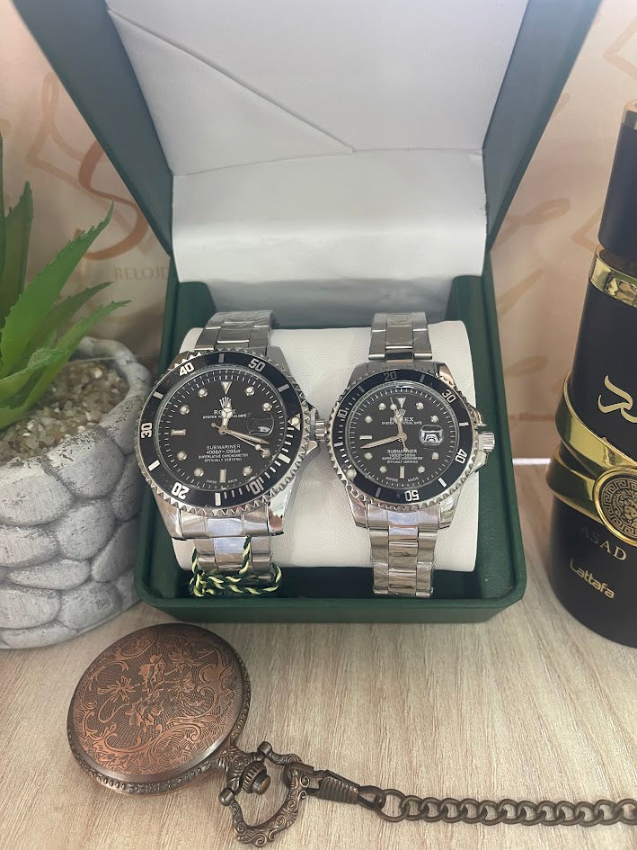 COMBO PAREJA ROLEX PLATEADO FONDO NEGRO
