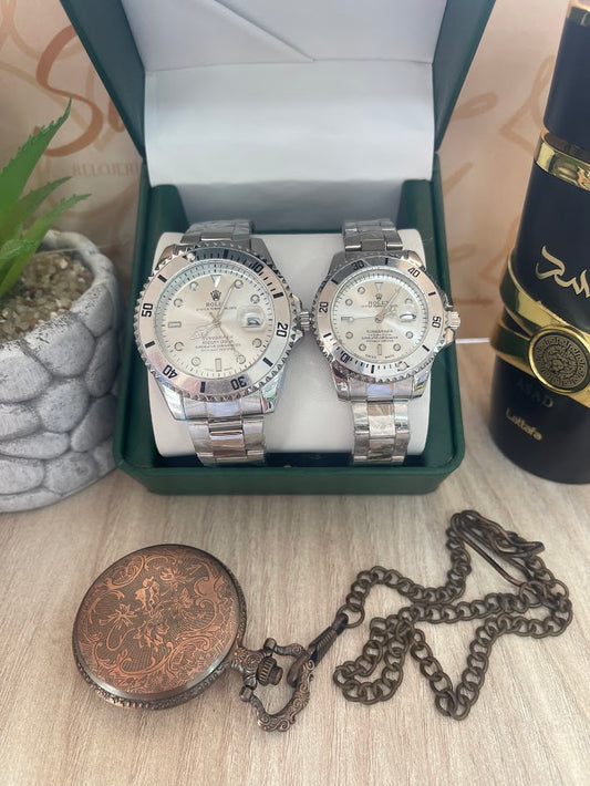 COMBO PAREJA ROLEX TODO PLATEADO