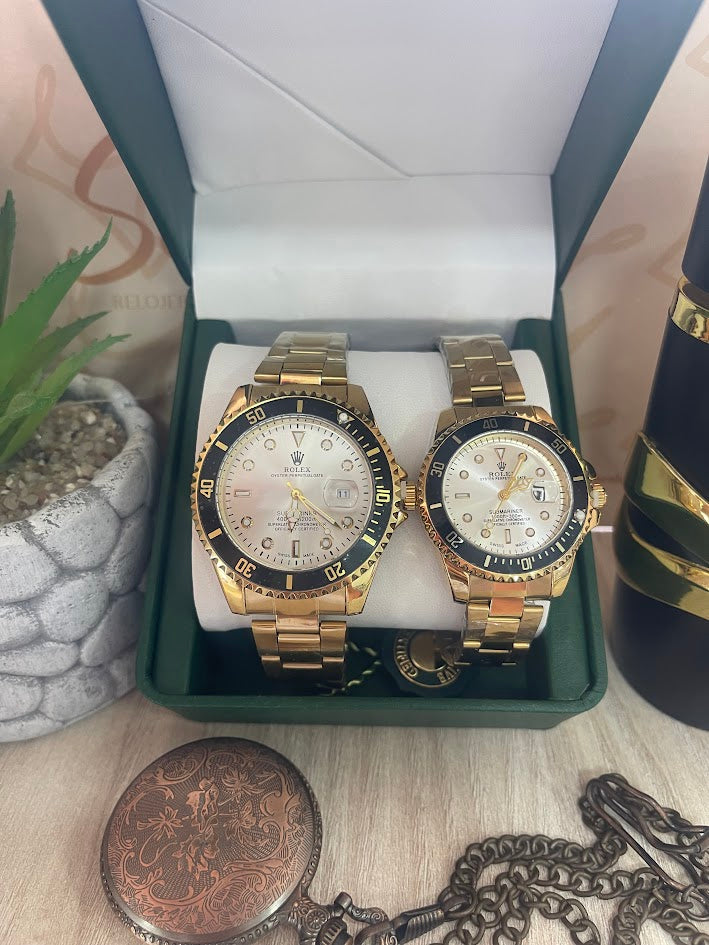 COMBO PAREJA ROLEX DORADO FONDO PLATEADO ARO NEGRO