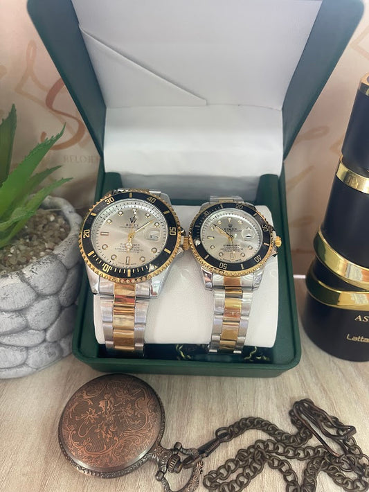 COMBO PAREJA ROLEX BICOLOR ESFERA PLATEADA