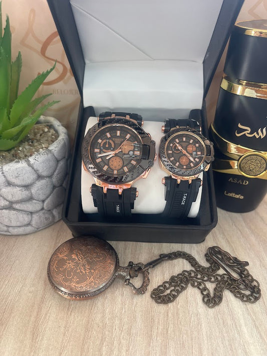COMBO PAREJA TISSOT NEGRO Y ORO ROSA ESFERA NEGRA