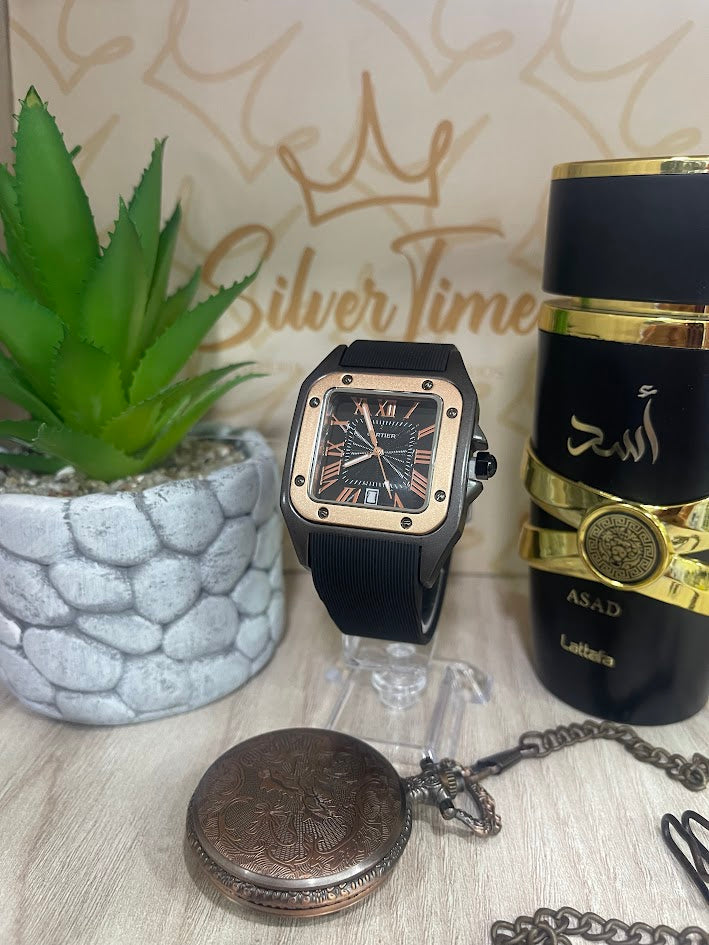 RELOJ CARTIER NEGRO CON DETALLES ORO ROSA