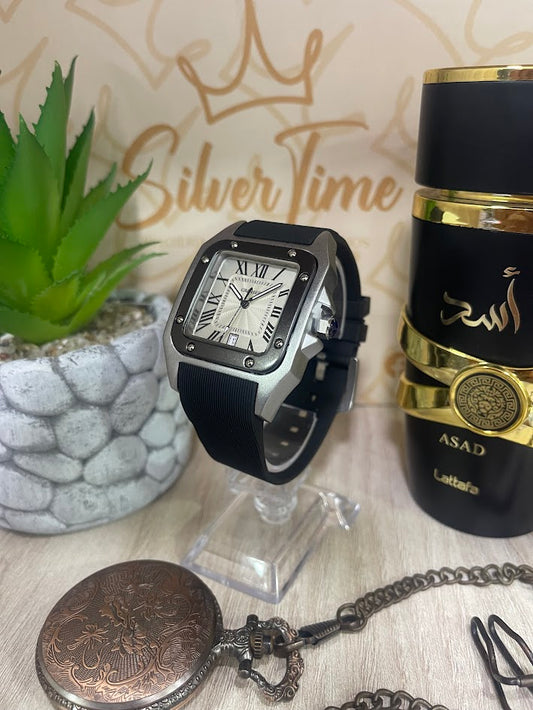 RELOJ CARTIER NEGRO Y PLATEADO LUJO GRIS