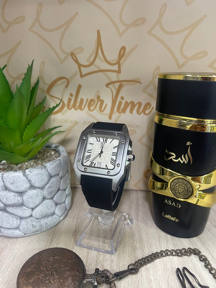 RELOJ CARTIER PLATEADO MANILLA NEGRA