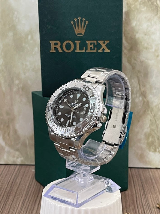 ROLEX PLATEADO ARO PLATEADO ESFERA NEGRA INCLUYE CAJAA