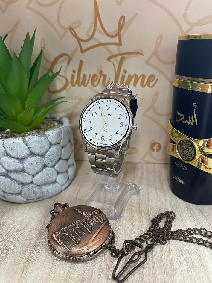 RELOJ SALCO PLATEADO ESFERA BLANCA DETALLES DE NUMEROS