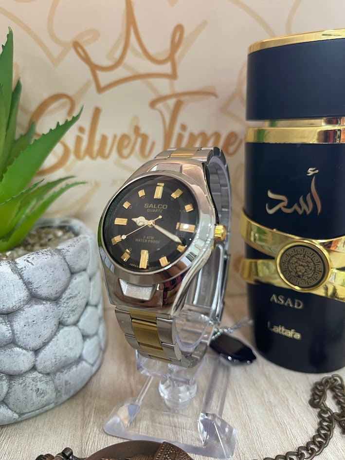 RELOJ SALCO CABALLERO BICOLOR CAJA PLATEADA EAFERA NEGRA