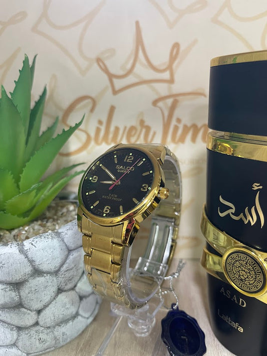 RELOJ SALCO CABALLERO DORADO ESFERA NEGRA 4 NUMEROS