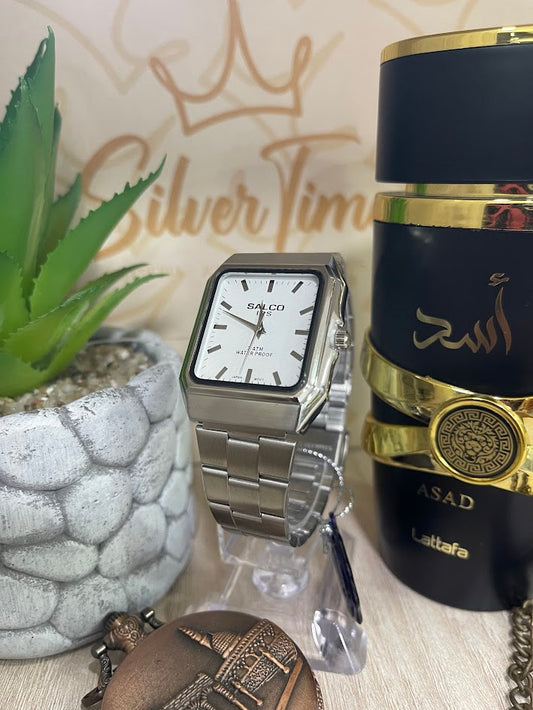 RELOJ SALCO CABALLERO CUADRADO PLATEADO FONDO BLANCO