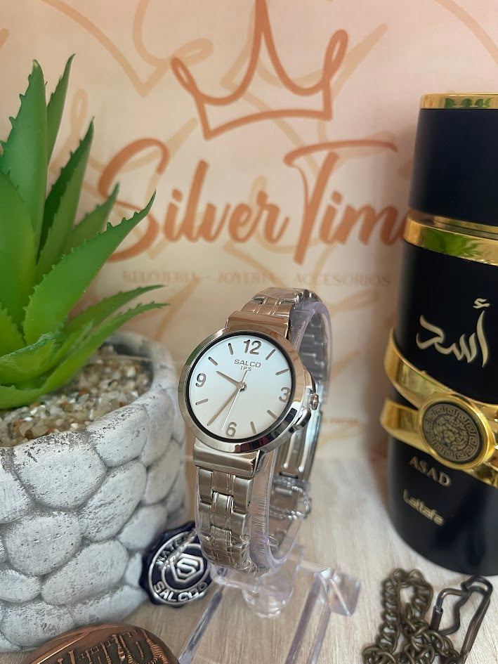 RELOJ SALCO DAMA TODO PLATEADO ESFERA BLANCA