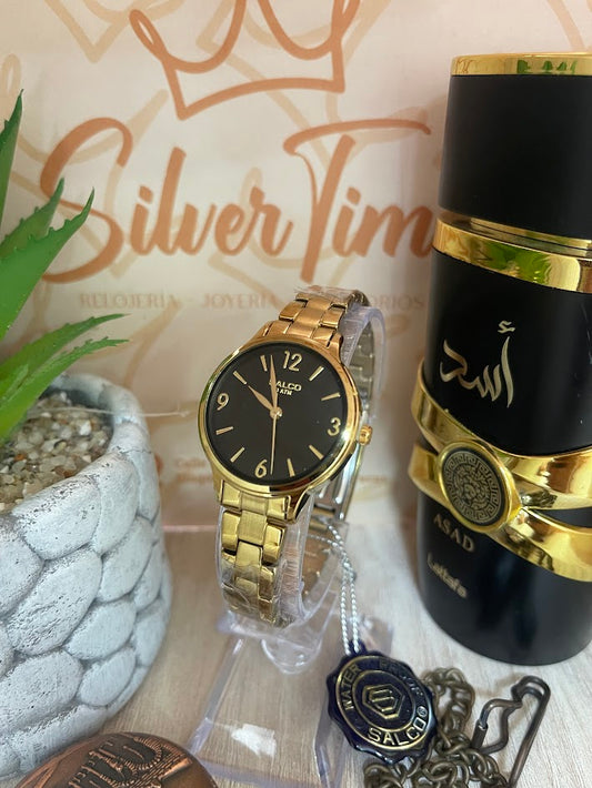 RELOJ SALCO DAMA DORADO ESFERA NEGRA