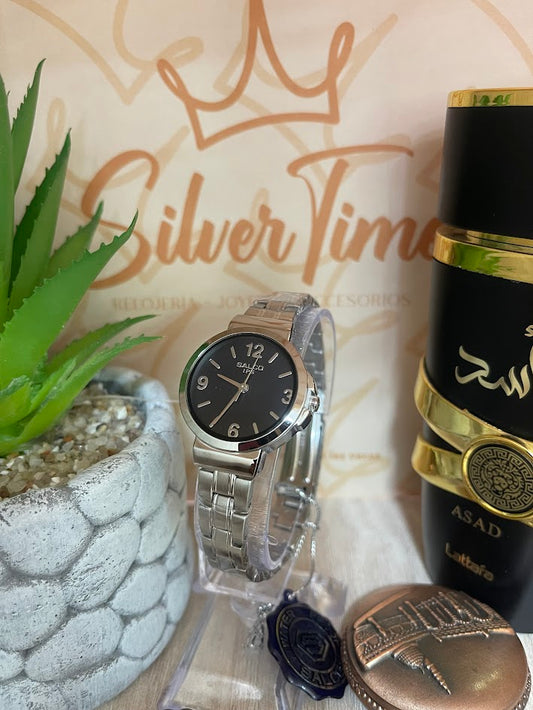 RELOJ SALCO DAMA PLATEADO ESFERA NEGRA