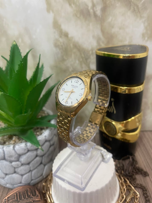 RELOJ SALCO DAMA DORADO ESFERA BLANCA ARO CON DETALLES
