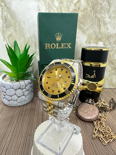 ROLEX BICOLOR ESFERA DORADA ARO NEGRO CALENDARIO INCLUYE CAJA