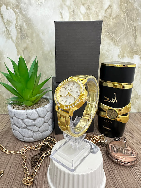 RELOJ BLU DAMA CIRCULAR DORADO ESFERA BLANCA DIAMANTADO