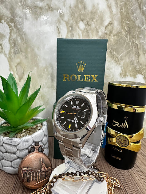 RELOJ ROLEX MANILLA PLATEADA ESFERA NEGRA