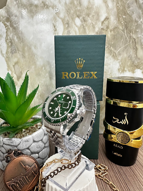 RELOJ ROLEX MANILLA PLATEADA ESFERA NEGRA A CORAZON ABIERTO