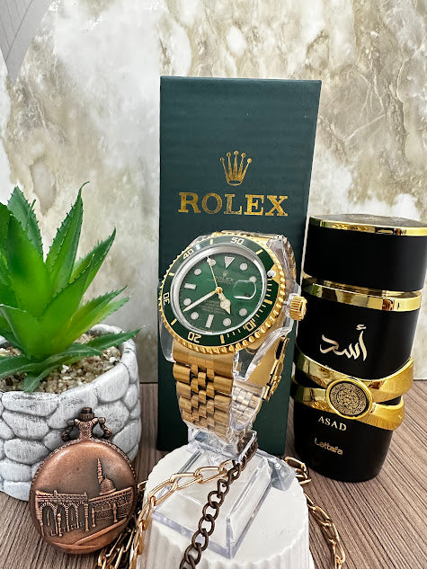 RELOJ ROLEX MANILLA DORADA ESFERA VERDE A CORAZON ABIERTO