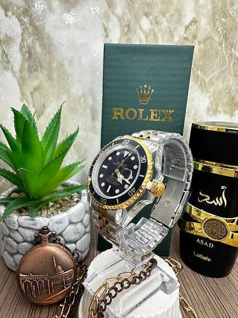 RELOJ ROLEX MANILLA BICOLOR ESFERA AZUL ARO NEGRO A CORAZON ABIERTO
