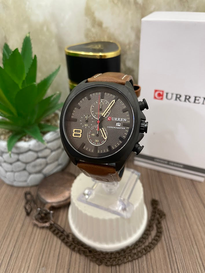 RELOJ CURREN CABALLERO NEGRO MANILLA DE CUERO CAFE
