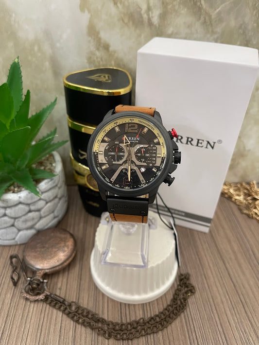 RELOJ CURREN CABALLERO NEGRO CON DETALLES ROJOS MANILLA DE CUERO MARRON