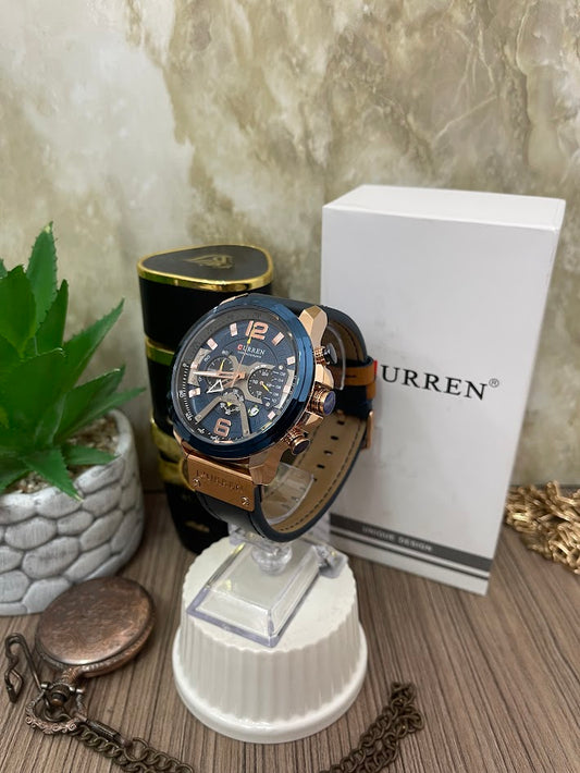 RELOJ CURREN CABALLERO AZUL Y ORO ROSA MANILLA DE CUERO AZUL