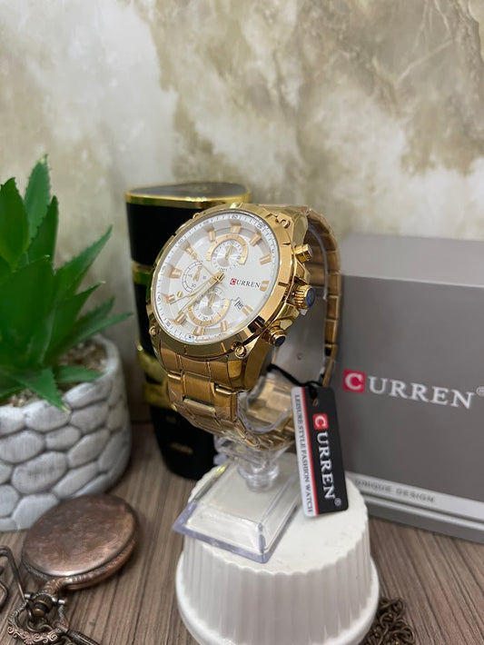 RELOJ CURREN CABALLERO DORADO ESTEFA BLANCA CON DETALLES DORADOS