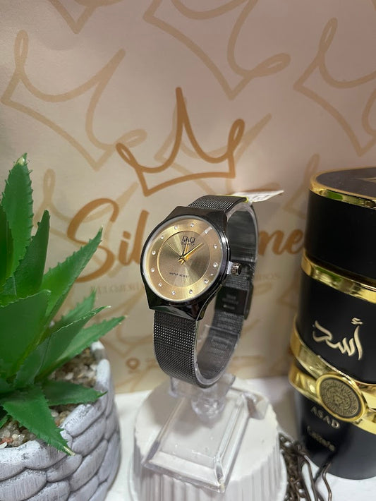 RELOJ QYQ GRIS ESFERA DORADA