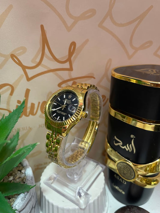 RELOJ ROLEX DAMA DORADO ESFERA NEGRA