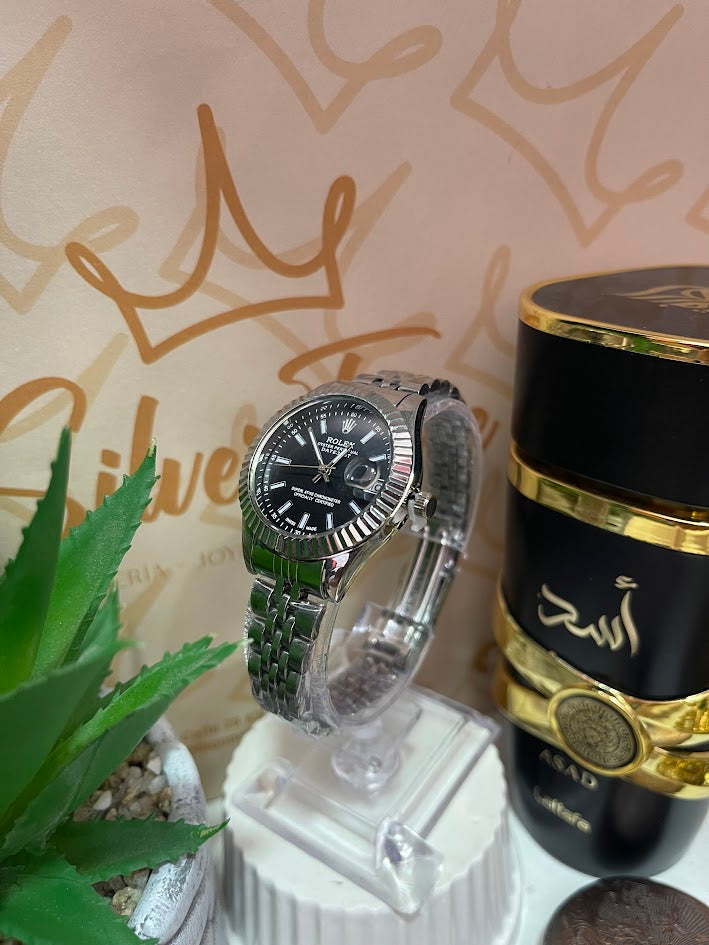 RELOJ ROLEX DAMA PLATEADO ESFERA NEGRA