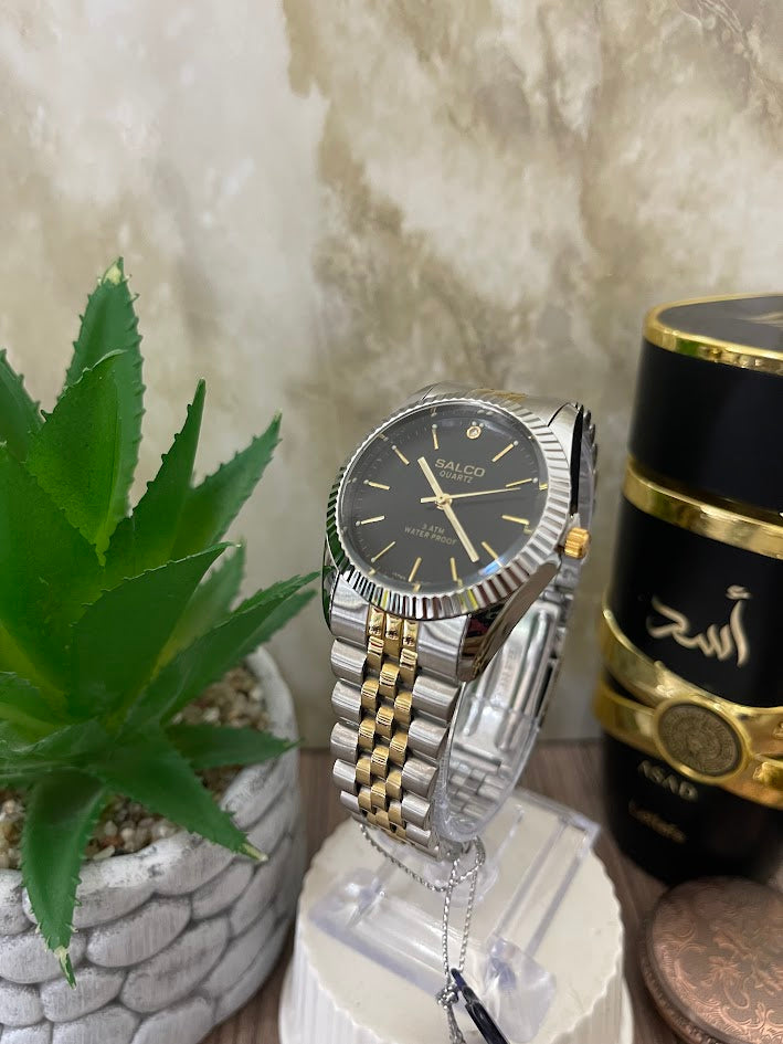 RELOJ SALCO BICOLOR ESFERA NEGRA ARO DORADO