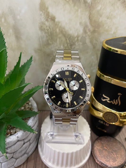 RELOJ SALCO BICOLOR ESFERA NEGRA ARO MARCADO