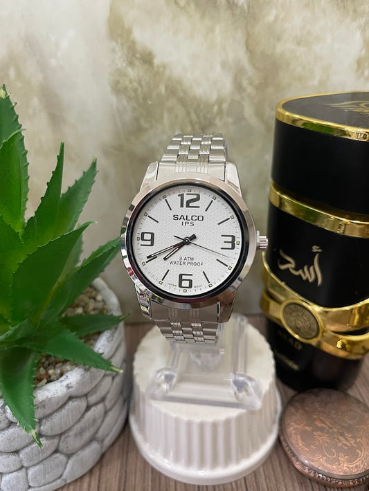 RELOJ SALCO PLATEADO ESFERA BLANCA