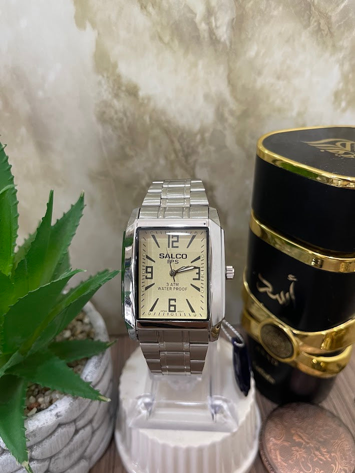 RELOJ SALCO CUADRADO PLATEADO ESFERA DORADO
