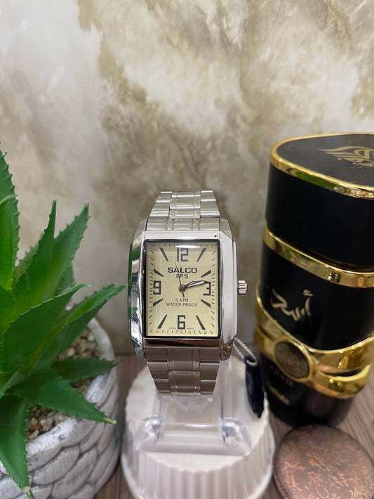 RELOJ SALCO CUADRADO PLATEADO ESFERA DORADO