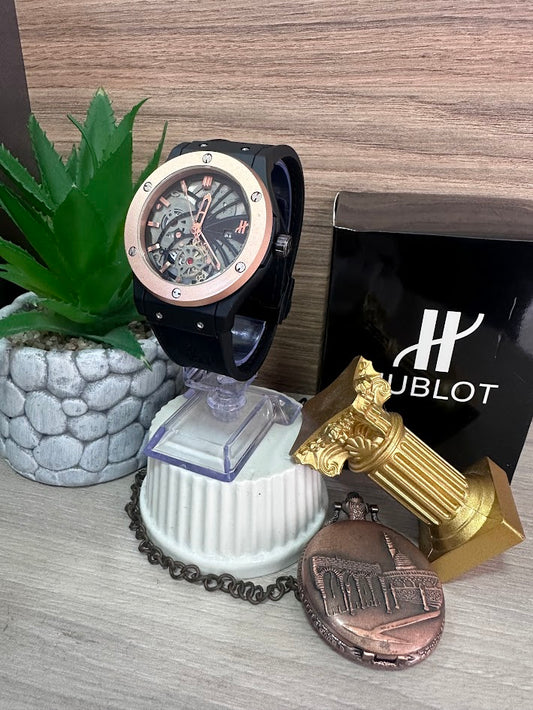 RELOJ HUBLOT NEGRO ESFERA TRIBAL ARO PALO ROSA MANILLA CILICONA NEGRA