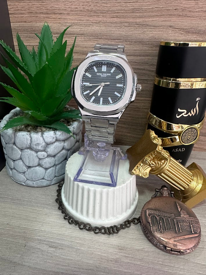 RELOJ PATEK PLATEADO ESFERA NEGRA